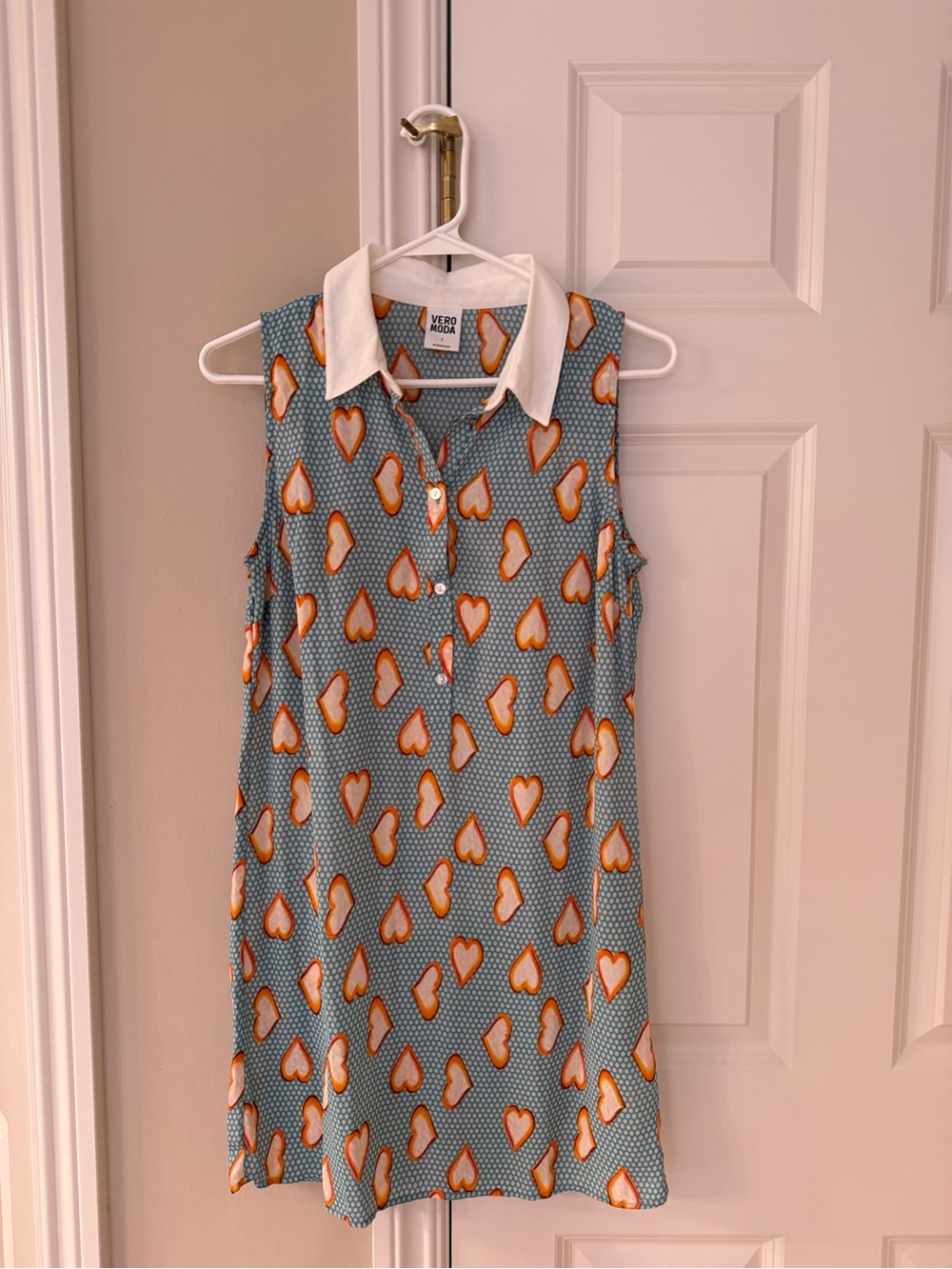 Vero Moda Girls Blue Dress with White Collar and Orange Heart Print